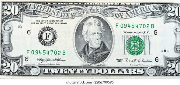 Large Fragment Of The Obverse Side Of 20 Twenty Dollars Bill Banknote Series 1995 With The Portrait Of President Andrew Jackson, Old American Money Banknote, Vintage Retro, United States Of America