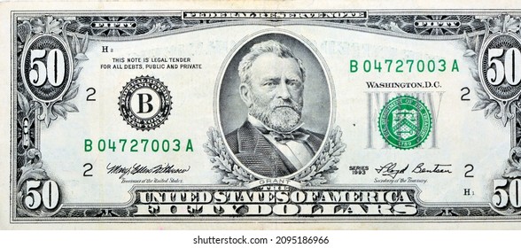 Large fragment of the Obverse side of 50 fifty dollars bill banknote series 1993 with the portrait of president Ulysses S. Grant, Old American money banknote, vintage retro, United States of America - Shutterstock ID 2095186966