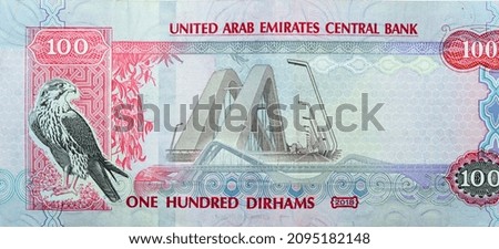 Large fragment of reverse side of 100 AED one hundred Dirhams banknote of United Arab Emirates, currency of the UAE with a picture Falcon and Sheikh Zayed Bridge series 2018, selective focus