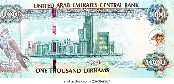 Large fragment of reverse side of 1000 one thousand Dirhams banknote of the United Arab Emirates, currency of the UAE issued 2017 with the Abu Dhabi skyline with Corniche, a falcon, and a falcon head