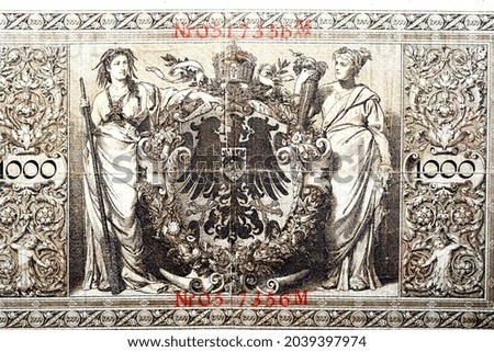 Large fragment of the reverse side of 1000 one thousand German marks Reichsmark banknote currency issued 1910 by Reichsbank in Berlin features Allegorical figures navigation, agriculture and arms
