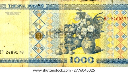 Large Fragment of Reverse side of a 1000 Rubles banknote from Belarus, The note features an image of the National Museum of Art of Belarus on obverse and a still life painting of flowers in a vase and fruits reverse