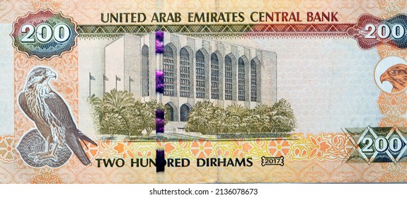 Large fragment of reverse side of 200 AED two hundred Dirhams banknote of United Arab Emirates that features the imagery of the Central Bank of the UAE and a falcon image, Emirates money banknote