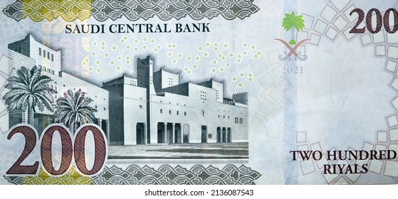 Large fragment of the reverse side of 200 two hundred Saudi riyals banknote features the Qasr Al Hukm in Riyadh City, selective focus of Saudi Arabia money banknote 1442 AH for vision 2030 program