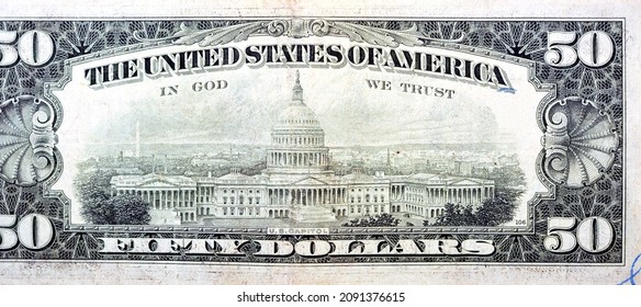 Large fragment of the reverse side of 50 fifty dollars bill banknote series 1981 with a vignette of the U.S. Capitol showing the east front, Old American money banknote, vintage retro, United States.