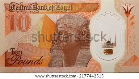 Large fragment of the reverse side of the new first Egyptian 10 LE EGP ten pounds plastic polymer banknote features a statue of Ancient Egyptian queen Hatshepsut and the pyramid, selective focus