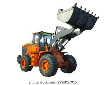 A large front loader excavator construction machinery equipment isolated over white background - Powered by Shutterstock