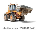 A large front loader transports crushed stone or gravel in a bucket at a construction site. Transportation of bulk materials. Isolated loader on a white background