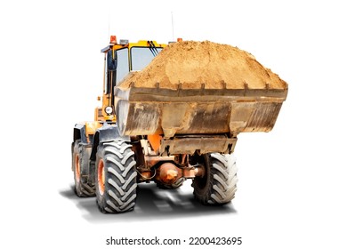 A Large Front Loader Transports Sand In A Bucket At A Construction Site. Transportation Of Bulk Materials. Isolated Loader On A White Background