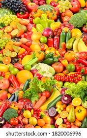 Large Fruit Pattern Of Fresh And Healthy Colorful Vegetables And Fruits. Vertical Background.