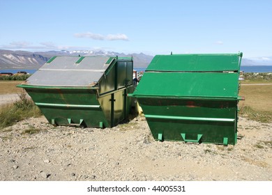 Large garbage dumpsters in Snaefellsnes peninsula, Iceland. Green refuse containers.