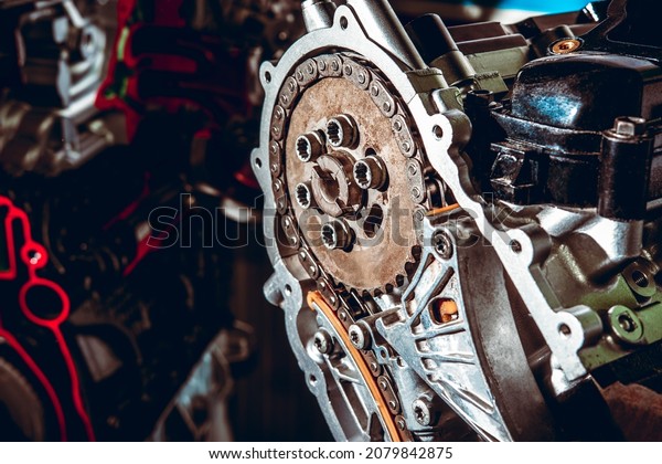 Large gears in a car
engine close up