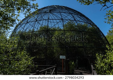 Large geodesic dome aviary cage surrounded by lush green mangrove trees against a clear blue sky at Wonorejo Mangrove Botanical Garden (Kebun Raya Mangrove), Surabaya, Indonesia.
