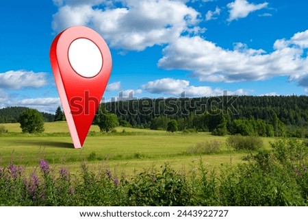 Large geotag over plot land. Territory for construction near forest. Giant geotag over summer lawn. Place to build. Marker to indicate GPS. Free territory is marked with geotag. Topographical mark