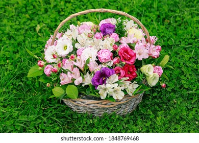 Large Gift Basket With Flowers On A Green Lawn. Beautiful Bouquet Of Bright Flowers.