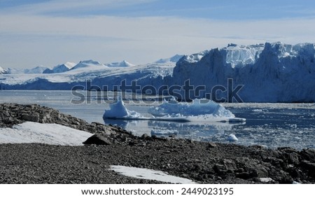 large glacier melting in to the sea with a rocky beach in the foreground