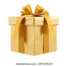 Large gold color box with a gift tied with a ribbon and bow isolated on a white background - Powered by Shutterstock