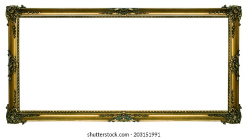 Large Gold Gilded Picture Frame In A Wide Rectangular Format Isolated On A White Background.