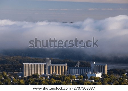 A large grain elevator with several silos in a town along the Mississippi River.