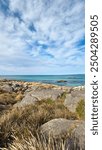 Large granite boulders, coated in a fiery orange lichen, line the coastal landscape alongside the blue ocean.