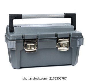 Large Gray Plastic Box With Handle For Tools, Bolts And Nuts Isolated On White Background