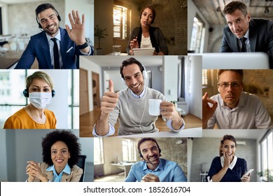 Large Group Of Business Colleagues Talking Through Video Conference Call.