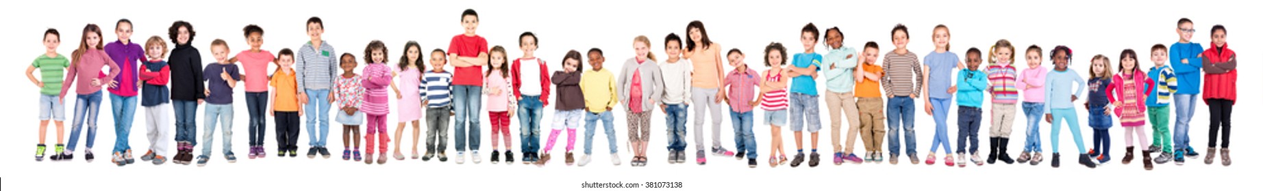 Large group of children posing isolated in white - Shutterstock ID 381073138