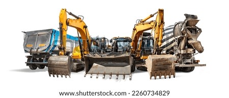 A large group of construction equipment isolated on a white background. Rental of construction equipment. Excavator, loader, bedozer, atobetonosmesitel, dump truck. element for design