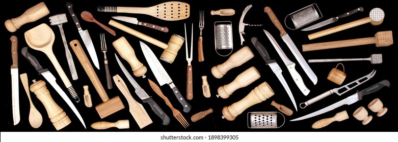 Large Group Of Cookware Isolated On Black Background. Many Cookware Items on Black Table. Collection Of Different Kitchen Utensils, Seamless Background, Abstract Pattern. Set Of Many Cookware Objects.