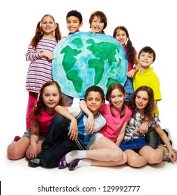 Large Group Of Diversity Looking Teen Kids, Boys And Girls Holding Globe Map