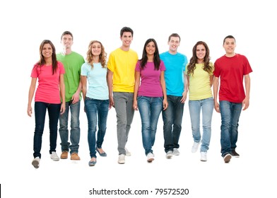 Large Group Of Friends Walking Together And Looking At Their Future Isolated On White Background