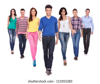 Large Group Of Friends, Young Casual People,  Walking Together And Looking At Their Future Isolated On White Background