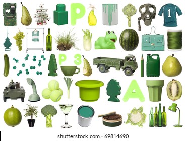 Large Group Of Green Objects Isolated On White Background