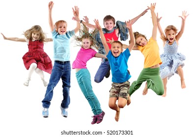Large group happy cheerful sportive children jumping  sporting   dancing  Isolated over white background  Childhood  freedom  happiness  active lifestyle concept 