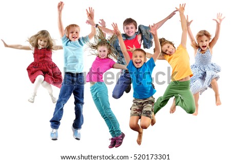 Large group of happy cheerful sportive children jumping, sporting and dancing. Isolated over white background. Childhood, freedom, happiness, active lifestyle concept.