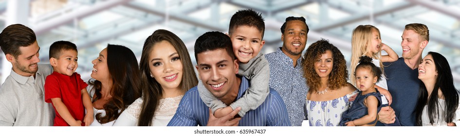 Large group of happy families of different races
