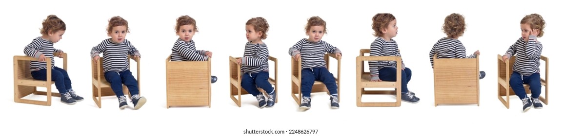 large group of a line of various poses of a same baby boy sitting on chair  on white background - Shutterstock ID 2248626797