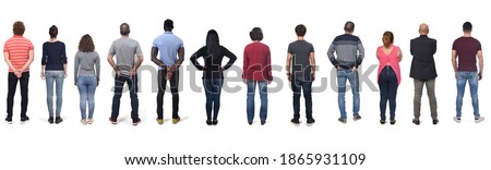 large group of man and women wearing  jeans on white background