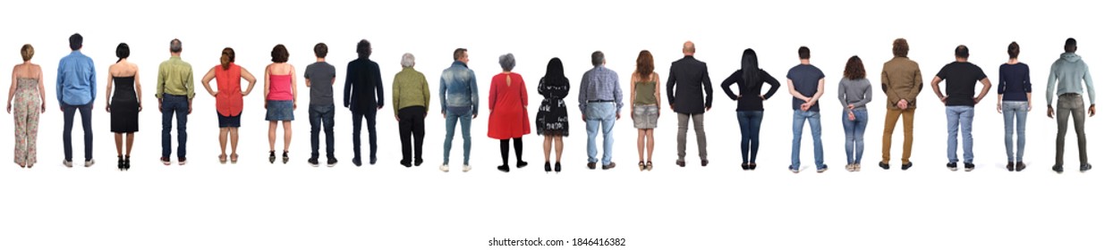 Large Group Of Men And Women From Back On White Background