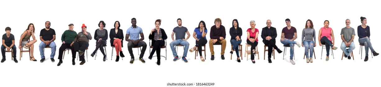 Large Group Of Mixed People Siiting On Chair On White 