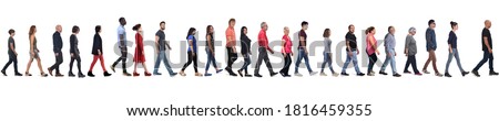 large group of mixed people walking on white background, 