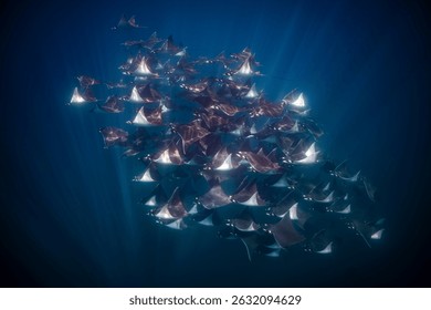 A large group of mobula rays glides through the clear blue waters off Baja California. Their elegant movements create a stunning display as sunlight filters down.