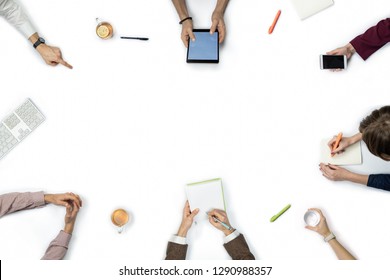 Large Group Of People At Business Meeting, Top View. Flat Lay With Copy Space Of Diverse People Hands Around A Table.