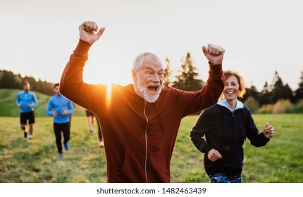 Large group of people cross country running in nature at sunset. - Shutterstock ID 1482463439