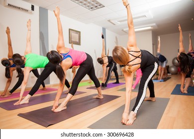 Large Group Of People Holding The Triangle Pose During A Yoga Class At A Gym