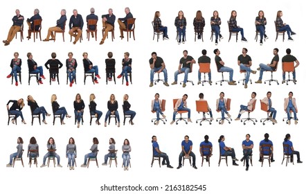 large group of people sitting on white backgroun
