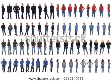 large group of people various poses on white background