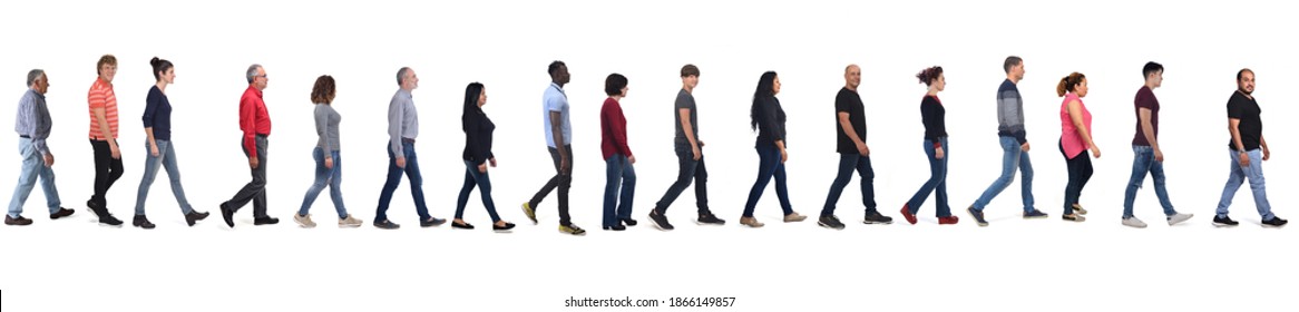 Large Group Of People Wearing Blue Jeans Walking On White Background