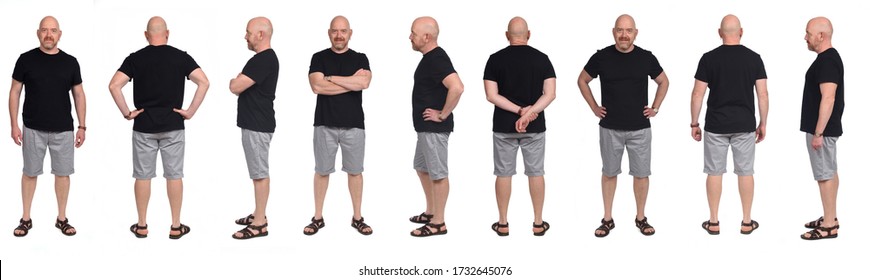 Large Group Of Same Bald Man With Sandals T-shirt And Shorts On White