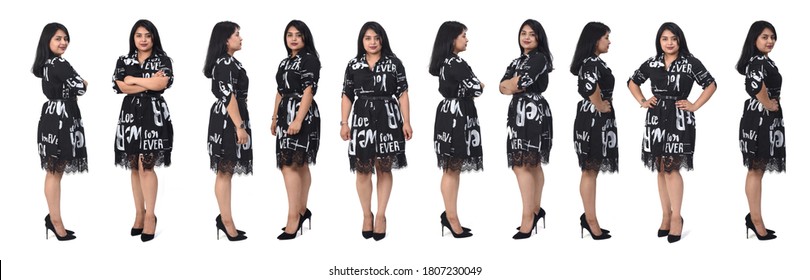 Large Group Of Same Latin Woman With Dress On White Background, Front And Side View 